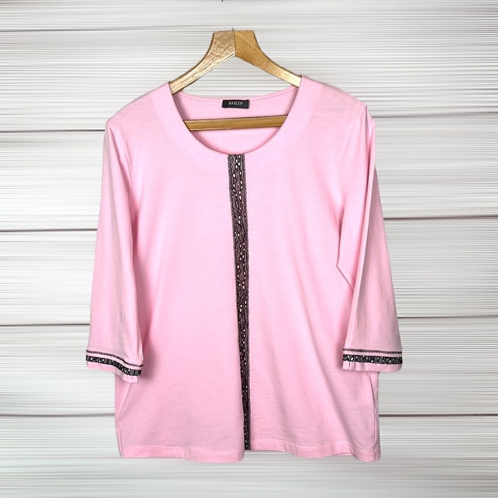 BASLER Pink Cotton Top 3/4 Sleeve Tee Contrast Lace Details size 10